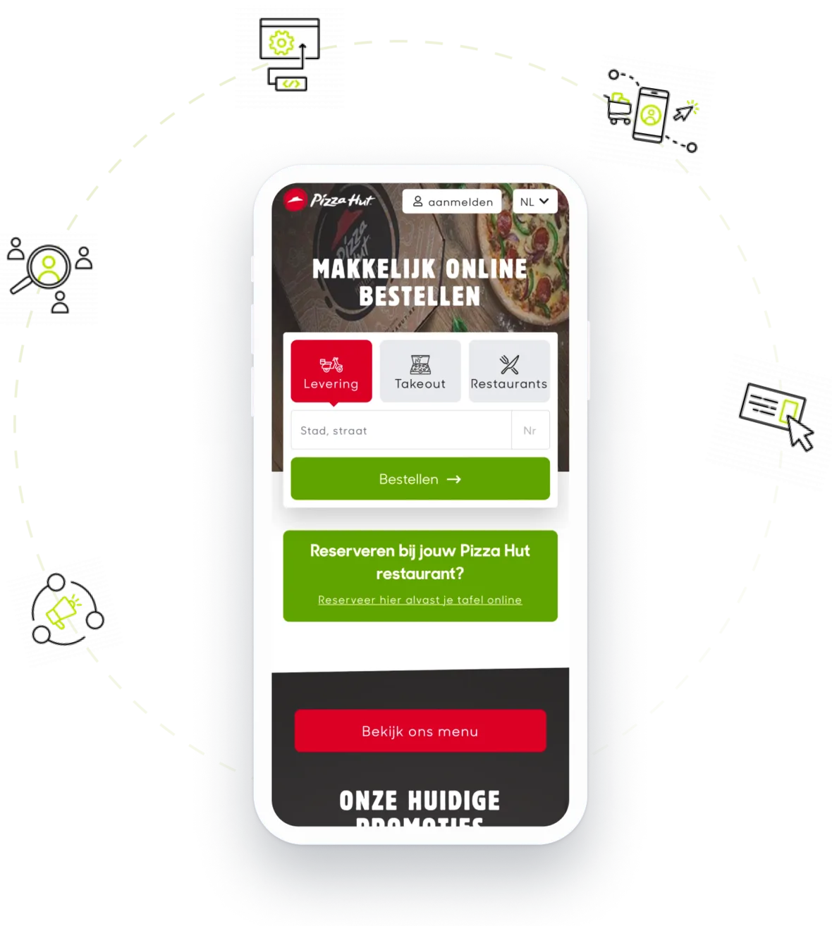Pizza Hut Online Bestelapp Gebruiksvriendelijke mobiele interface van Pizza Hut, met opties voor online bestellen,