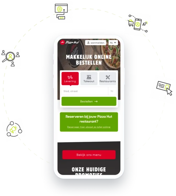 Pizza Hut Online Bestelapp Gebruiksvriendelijke mobiele interface van Pizza Hut, met opties voor online bestellen,