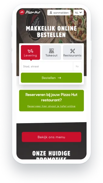 Pizza Hut Mobiele Bestelapp Gebruiksvriendelijke mobiele interface van Pizza Hut, met opties voor online bestellen,